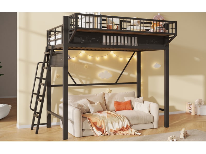  Lit mezzanine 90x200 cm, rangements latéraux et espace ouvert, en métal, noir, sans matelas  - Conforama D