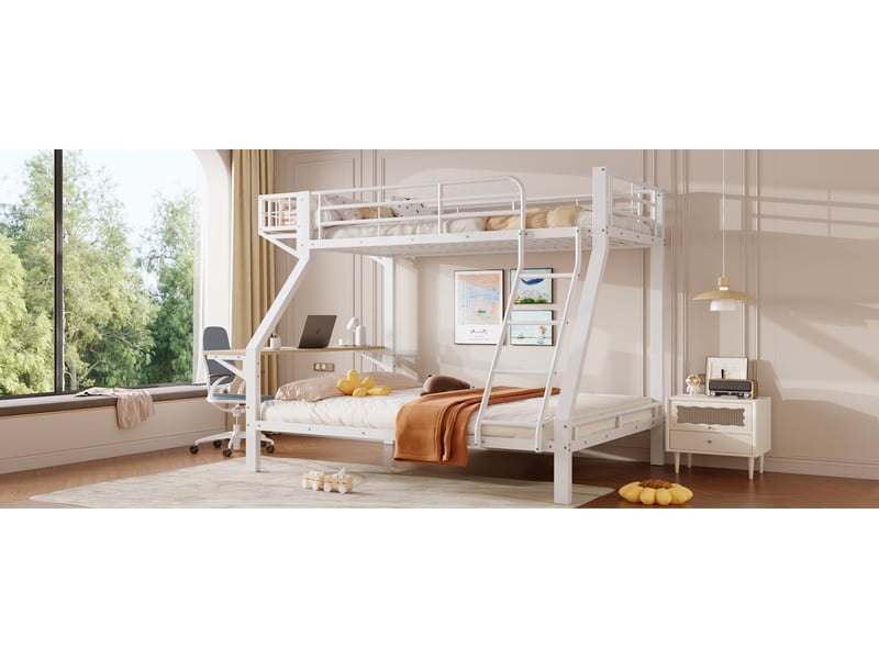  Lit superposé enfant 90 x 200 cm avec bureau et niche réversibles à gauche ou à droite, garde-corps et échelle, métal, blanc Morn Vibe - Conforama E