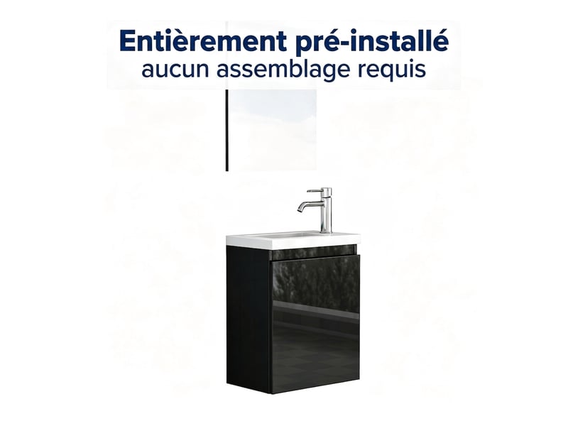  Meuble vasque suspendu 40 cm avec lavabo céramique et miroir noir brillant gain de place  - Conforama W