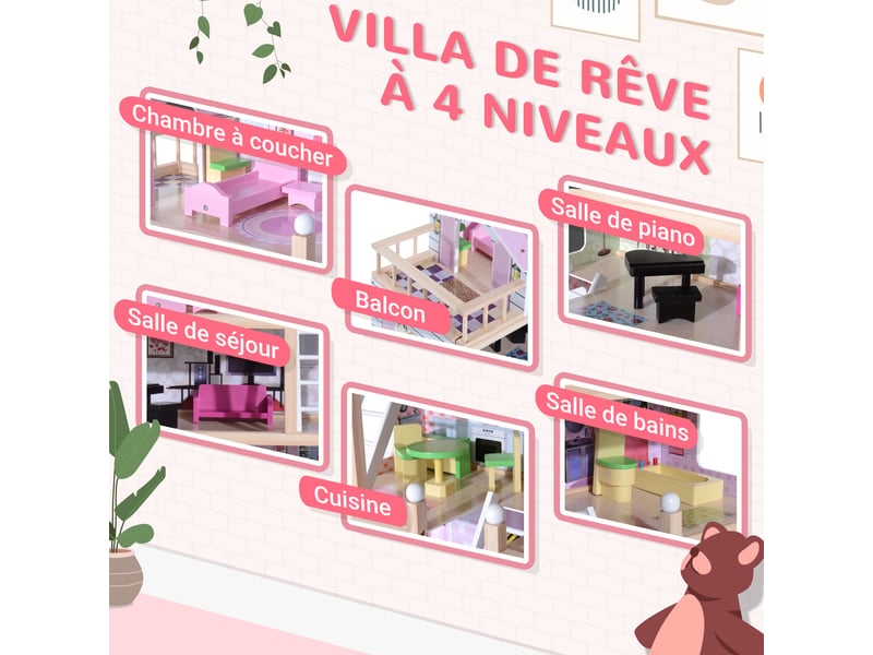  Maison de poupée en bois jeu d'imitation 4 étages pour 3+ ans avec 13 accessoires grand réalisme multi-équipement blanc et rose 60l x 30l x 80h cm  - Conforama A