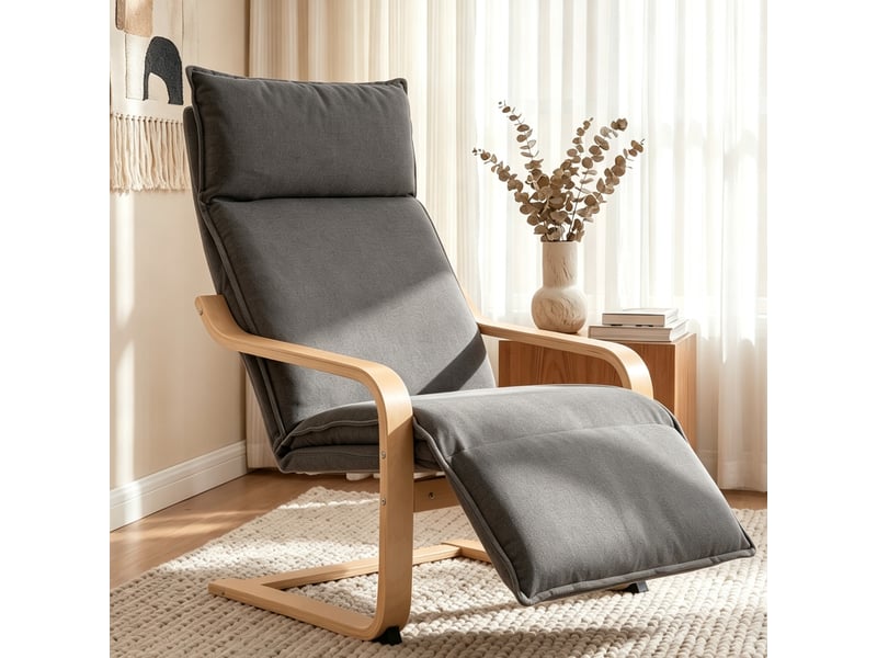  Fauteuil à bascule avec repose-pieds, mouvement apaisant et accoudoirs en bois, polyester gris foncé  - Conforama B