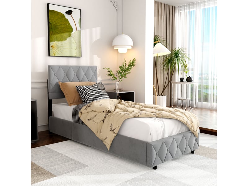  Lit coffre 90x200 cm avec sommier et tête de lit, velours, beige  - Conforama B