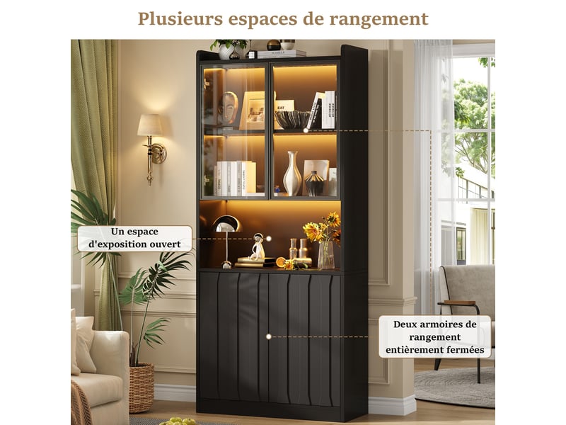  Lot de 2 vitrine noir avec lumière led, vitrine avec portes et tiroirs, étagères de rangement, 160×35×200cm  - Conforama D