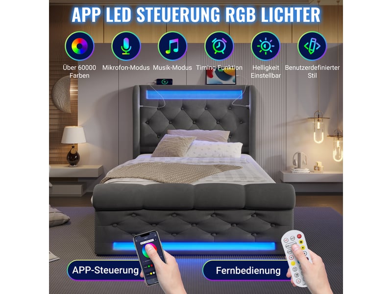  Lit coffre, lit enfant 90x200 cm, tête de lit avec rangement, led, usbusb-c, velours gris, matelas inclus  - Conforama R