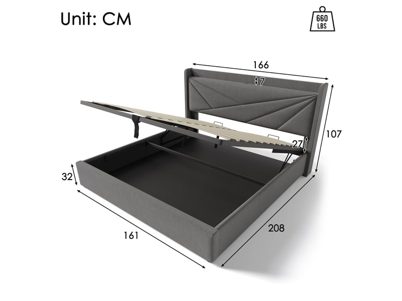  Lit coffre 160 × 200 cm 2 places avec usb et type-c, matelas inclus, tête de lit rembourrée en coton gris  - Conforama D