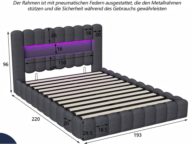  Lit coffre 180x200 cm - lit 2 places gris avec led et port usb - sommier relevable - rangement - matelas non inclus  - Conforama C