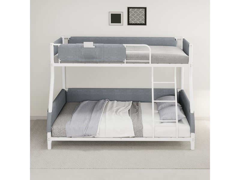  Lit superposé 90x190 + 140x190 cm en métal avec poche de rangement en tissu, barrières rembourrées et échelle - blanc  - Conforama B