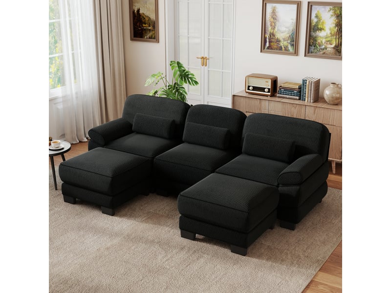 Canapé modulable,265x161x94 cm,3 places avec 2 poufs,velours côtelé,noir - Conforama B