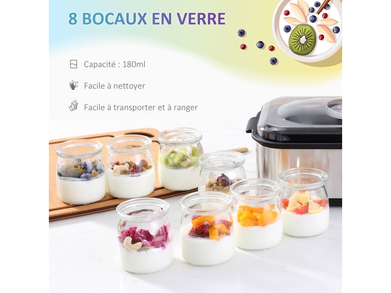  Yaourtière avec 8 pots en verre de 180ml, thermostat réglable et affichage numérique pour des desserts maison sains, machine à yaourt électrique en acier inoxydable avec minuterie  - Conforama A