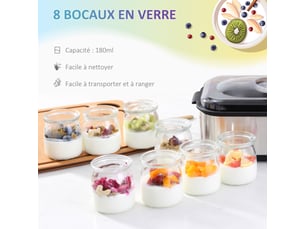 Yaourtière avec 8 pots en verre de 180ml, thermostat réglable et affichage numérique pour des desserts maison sains, machine à yaourt électrique en acier inoxydable avec minuterie