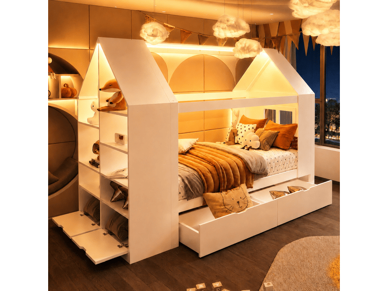  Lit cabane enfant 90 × 200 cm avec 2 tiroirs, led, rangements ouverts, sans matelas, blanc  - Conforama C