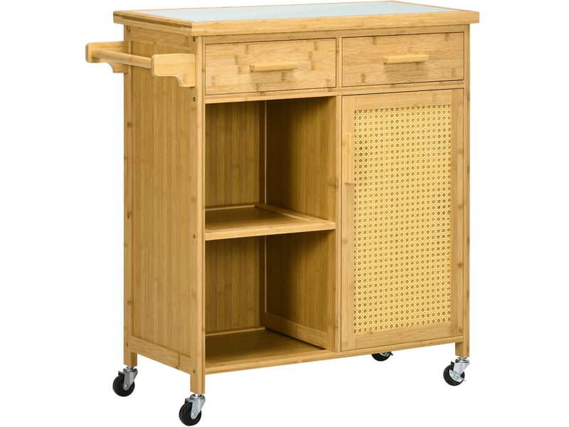  Desserte de cuisine 84x36x85 cm naturelle en bambou, plan en verre, rangements et roulettes freinées  - Conforama A