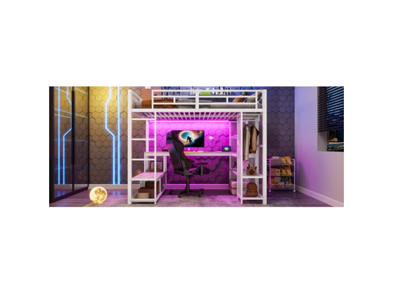  Lit mezzanine métallique blanc 140x200 cm - rangements, armoire ouverte, usb et éclairage led  - Conforama E