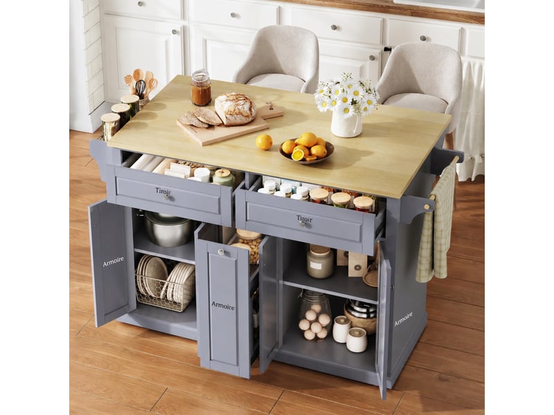  Îlot de cuisine mobile avec plan de travail rabattable, rangements et roulettes verrouillables, gris et bois clair  - Conforama C
