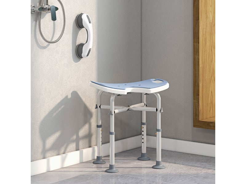 Tabouret de douche - siège de douche avec barre d'appui ventouse - hauteur réglable - alu hdpe bleu clair blanc - Conforama B