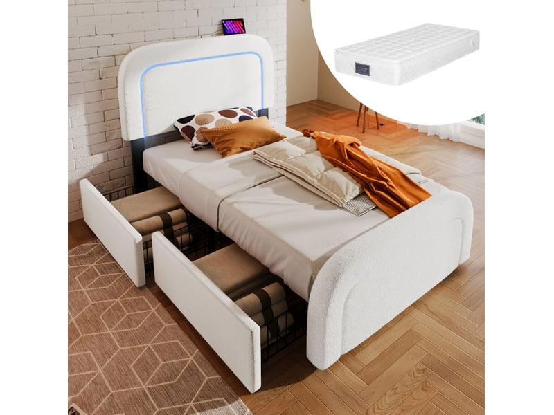  Modenvie lit simple 90x200 cm - led intégrée, ports usb-c et 2 tiroirs, avec matelas - blanc  - Conforama B