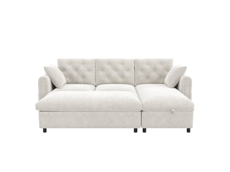  Canapé velours beige 2-en-1: chaise-longue + ottoman rangement réversible, accoudoirs avec poches, capitonné  - Conforama A