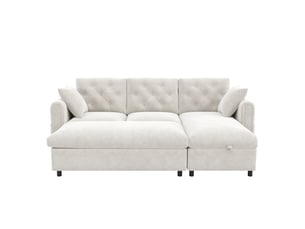 Canapé velours beige 2-en-1: chaise-longue + ottoman rangement réversible, accoudoirs avec poches, capitonné
