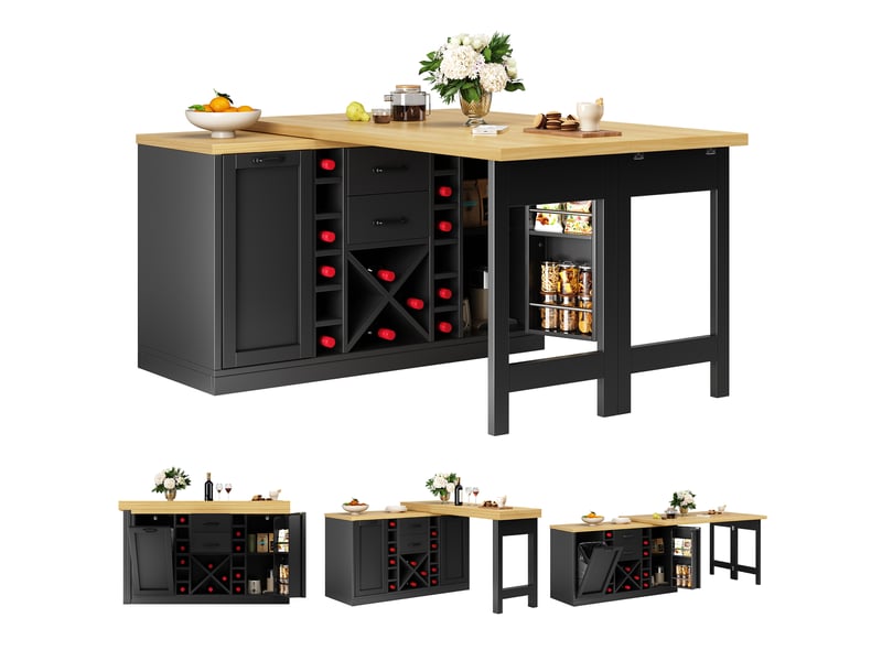  Îlot de cuisine noir rotatif 360° 120–223cm avec rangement, casier à vin amovible, support poubelle et étagères snacks  - Conforama A