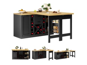 Îlot de cuisine noir rotatif 360° 120–223cm avec rangement, casier à vin amovible, support poubelle et étagères snacks