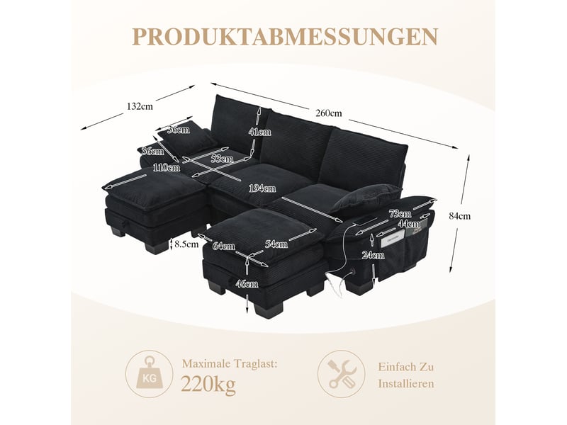  Canapé droit modulaire 3 places en velours côtelé noir avec 2 poufs de rangement, usb-c et poches latérales  - Conforama C