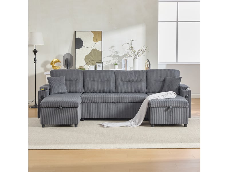 Canapé scandinave 4 places 272x136x86 cm, 2 méridienne réversible, coffres, porte-gobelets, usb-c, velours côtelé gris - Conforama B