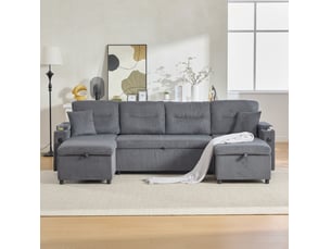 Canapé droit fixe <strong>REDOM</strong> <strong></strong> 4 places Velours côtelé gris avec coffre de rangement