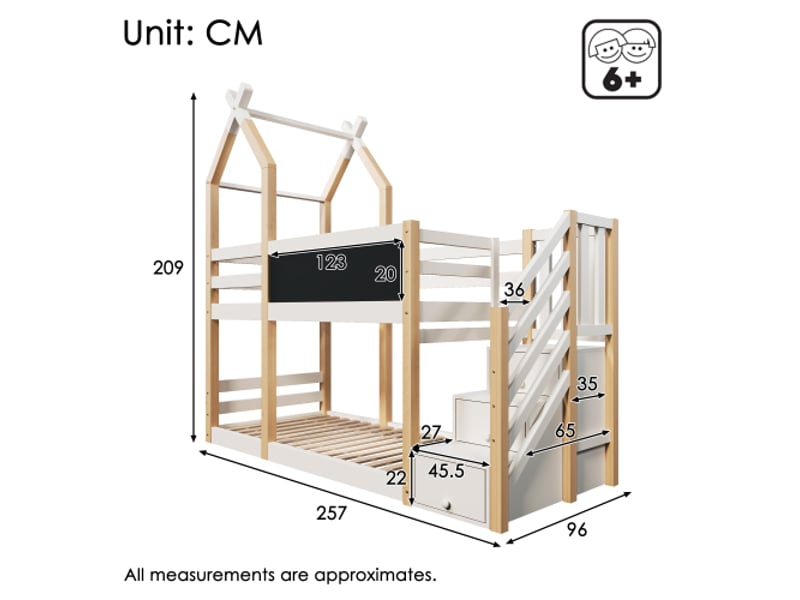 Lit superposé 90x200, lit enfant avec tableau noir, rangement et protection antichute, en bois, couleur naturel, sans matelas - Conforama D