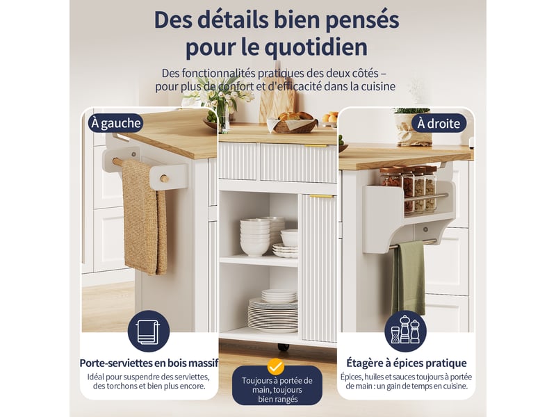  Desserte de cuisine,143x45x89.5 cm,à roulettes,mdf,blanc et naturel  - Conforama E