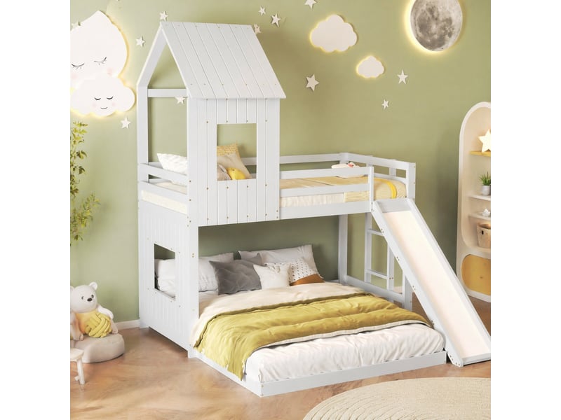  Lit superposé enfant avec toboggan, 90x200 et 140x200 cm, blanc, bois et mdf  - Conforama B