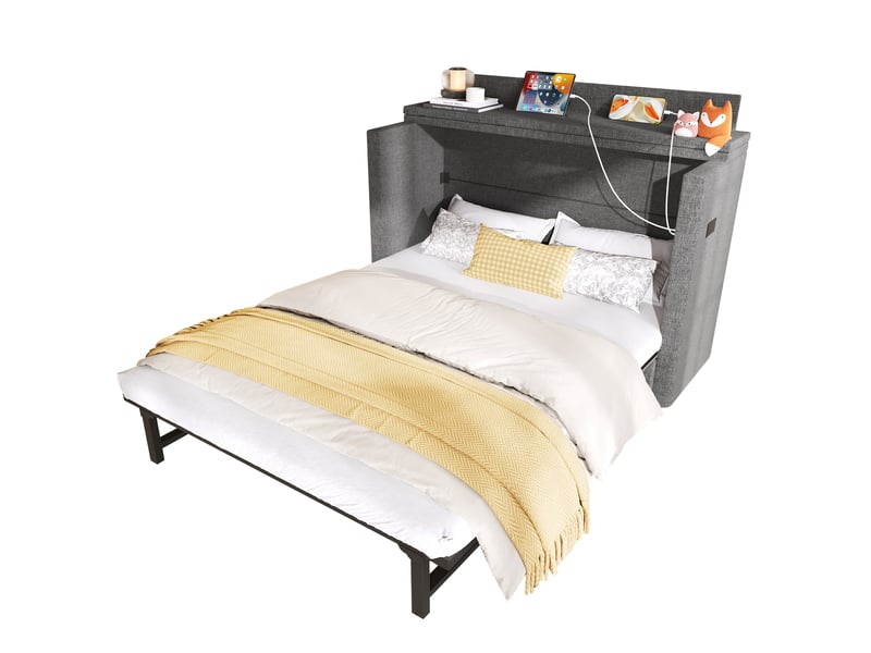  Lit escamotable tcqpz 140 x 200 cm avec tiroir, ports usb et type-c, lin gris, lattes  - Conforama A