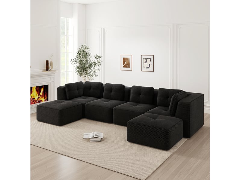  Canapé d’angle panoramique modulable convertible u 4 places en velours côtelé noir  - Conforama D