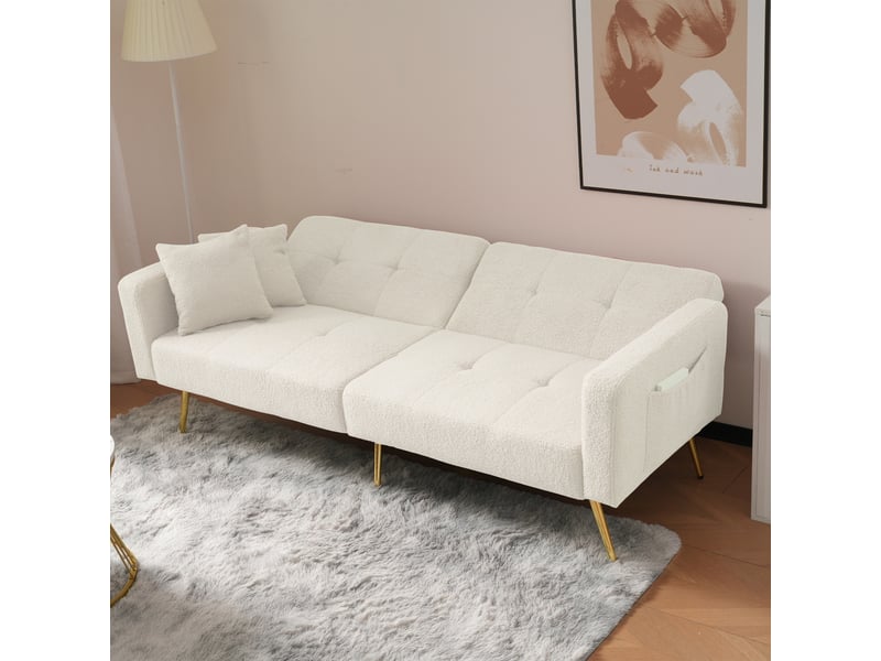  Canapé convertible bouclette blanche 2 places, canapé lit avec pieds dorés et poches latérales, dossier inclinable 175x64x72cm.  - Conforama R