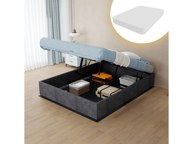  Lit coffre 140x200 cm avec matelas gris en tissu velours et métal  - Conforama B