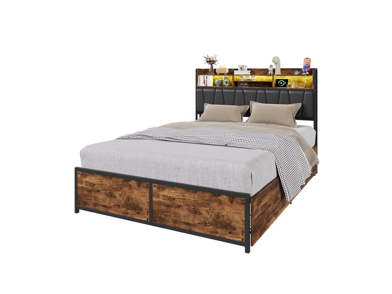Lit double 180x200 cm avec 4 tiroirs et led, lit adulte avec ports usb et tête de lit capitonné, style industriel, noir - Conforama D