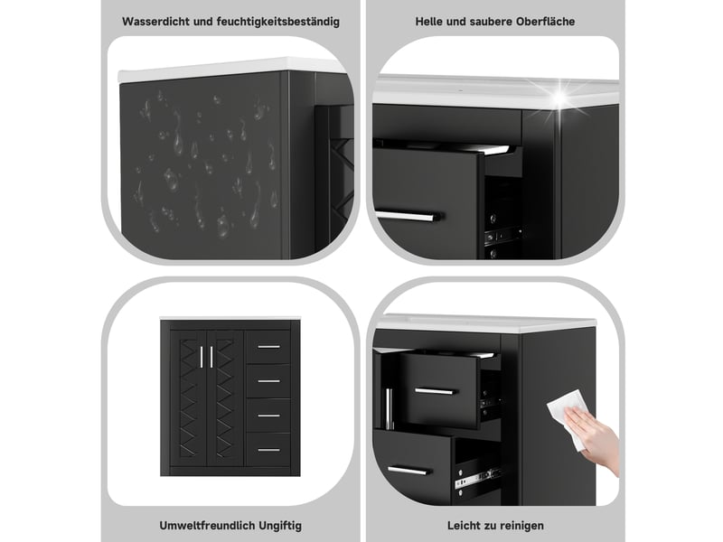 Meuble vasque sur pied noir, 76 x 46,5 x 85,5 cm, en mdf et céramique, avec 3 tiroirs à coulisses silencieuses - Conforama C