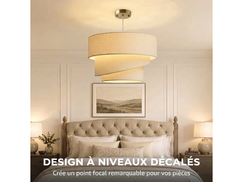 Suspension luminaire à 3 abat-jour effet lin, ampoule non incluse e14 40 w, câble réglable, rosace dorée, beige  - Conforama D