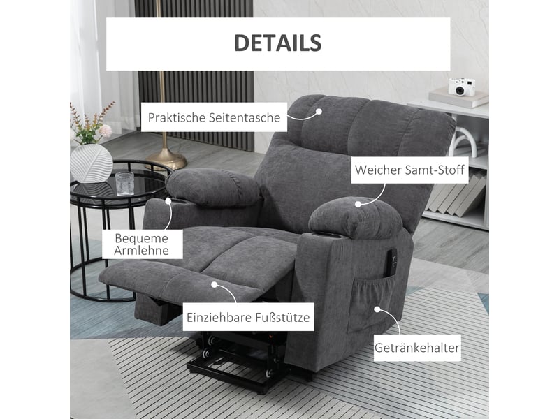  Fauteuil relax électrique releveur, massage chauffant, inclinaison à 135°, tissu gris foncé, pour salon et lecture  - Conforama D