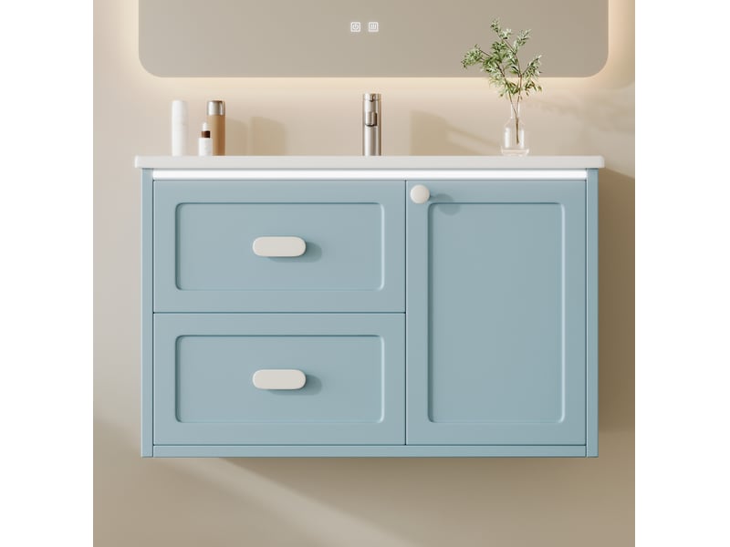  Meuble vasque suspendu 76x46x51 cm avec led à capteur radar, meuble de salle de bain, 2 tiroirs et 1 porte, mdf, bleu  - Conforama B