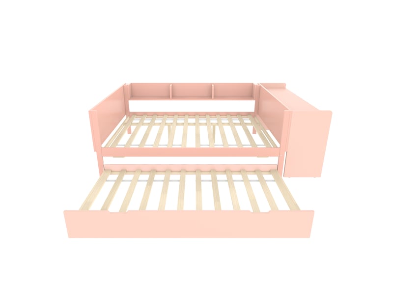  Lit plat en bois, 140 x 200 cm, avec bureau, lit gigogne, lit double (sans matelas), étagères, pin et panneaux de particules, rose  - Conforama D