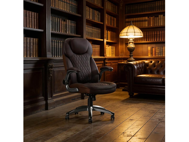  Chaise de bureau haute marron en cuir régénéré et maille, hauteur réglable, accoudoirs rabattables et bascule  - Conforama E