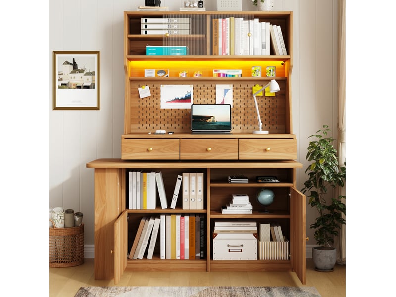 Haut de rangement modenvie avec bureau et bar led 137 x 74 x 177,7 cm mdf verre naturel  - Conforama D