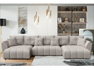 Canapé d'angle panoramique convertible <strong>AX LIVING </strong> <strong>Antalya-U</strong> 6 places Velours beige avec coffre de rangement