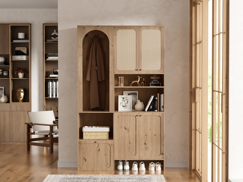  Vestiaire entrée rotin 120x35x200cm, 4 portes, basculant + patères, niches, grand rangement – naturel  - Conforama B