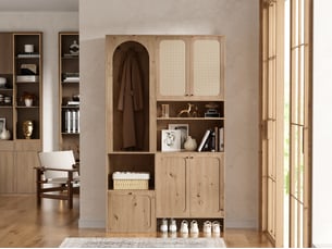 Vestiaire entrée rotin 120x35x200cm, 4 portes, basculant + patères, niches, grand rangement – naturel