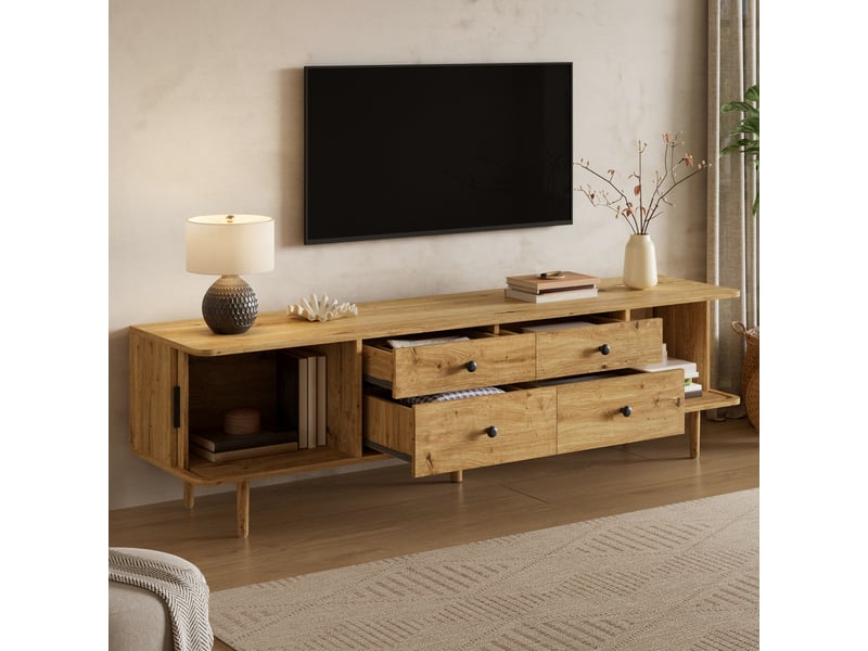  Meuble tv bas 165 cm, finition bois naturel, avec tiroir  - Conforama D