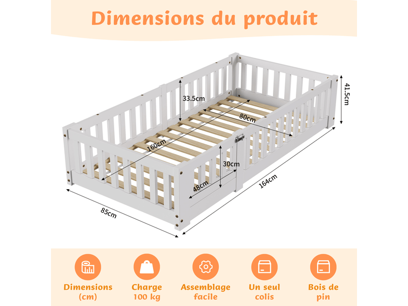  Lit montessori au sol en pin massif pour enfant, lit enfant 80x160 cm avec 30cm garde-corps de sécurité - peinture à base d’eau écologique - sommier à lattes inclus - style scandinave, lit bas pour chambre d’enfant  - Conforama C
