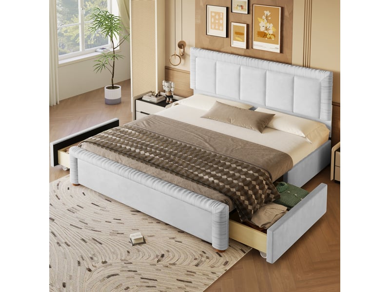  Lit rembourré 180x200 cm en velours français avec 2 tiroirs gris chicfurn  - Conforama B