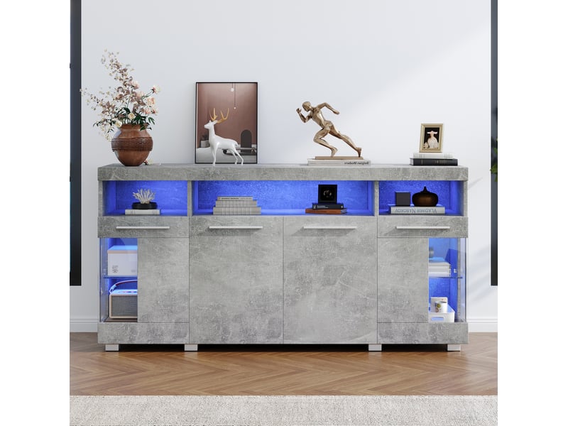  Buffet bas ulevr avec rangement et led, 140 x 40 x 70 cm, mdf, verre trempé, gris ciment  - Conforama E