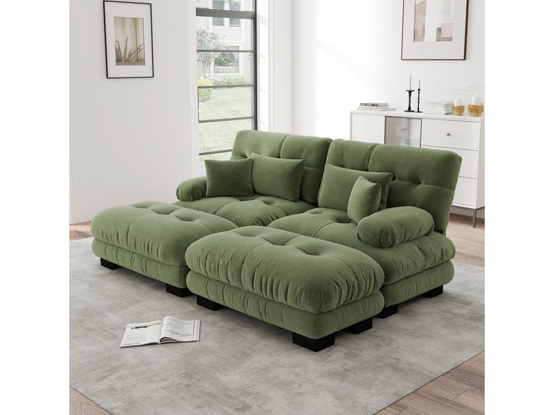  Canapé d'angle modulaire avec assise profonde, coussins lombaires et ottomans, en chenille verte  - Conforama D